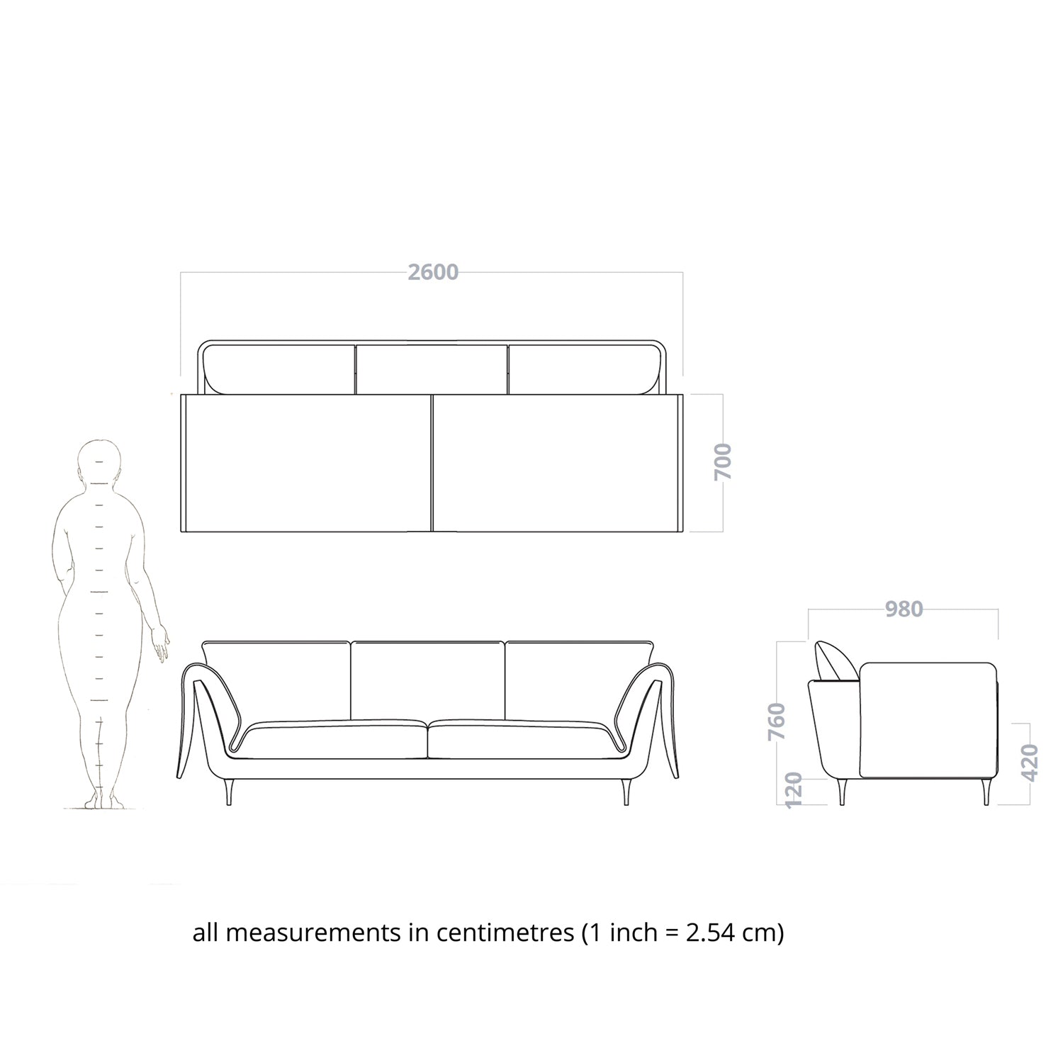 casquet 3 seater sustainable sofa, dimensions and drawing