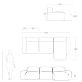 3 seater with chaise drawing and measurements