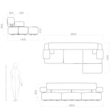 Unique 3-seater model with rounded angles. Dimensions and drawing