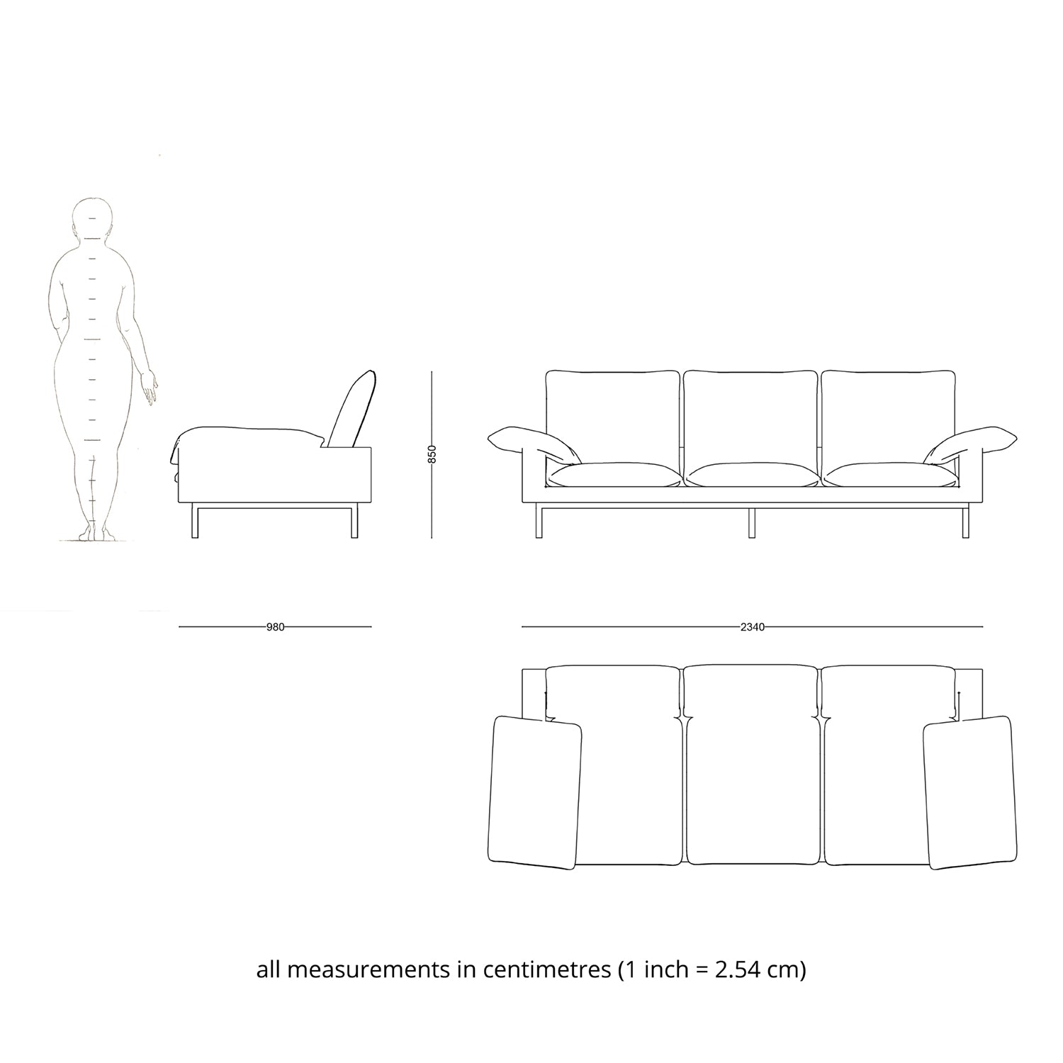 bad 3 seater organic sofa, drawing and dimensions