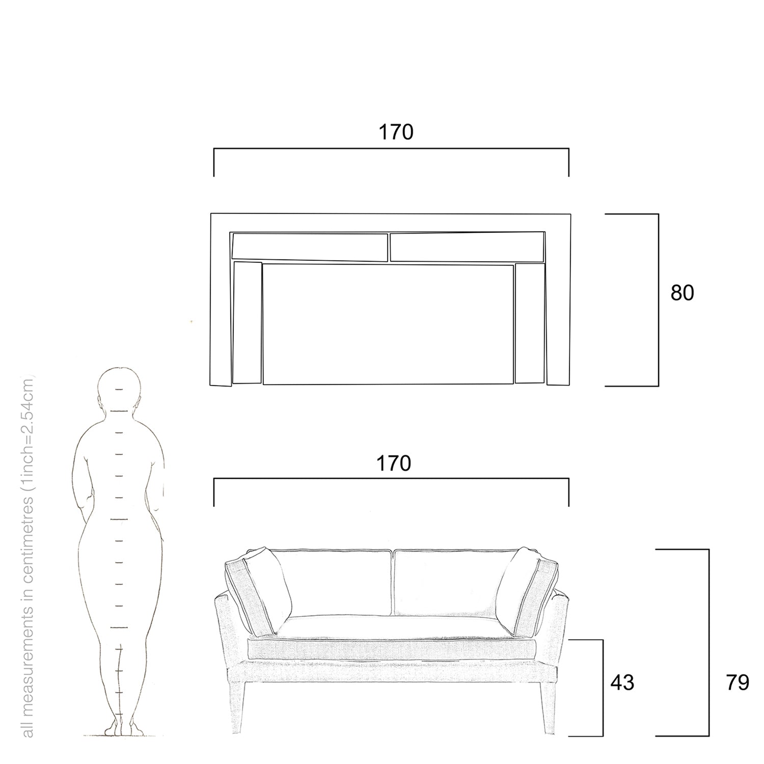 Stellina Loveseat Technical Drawing - Dimensions and Details