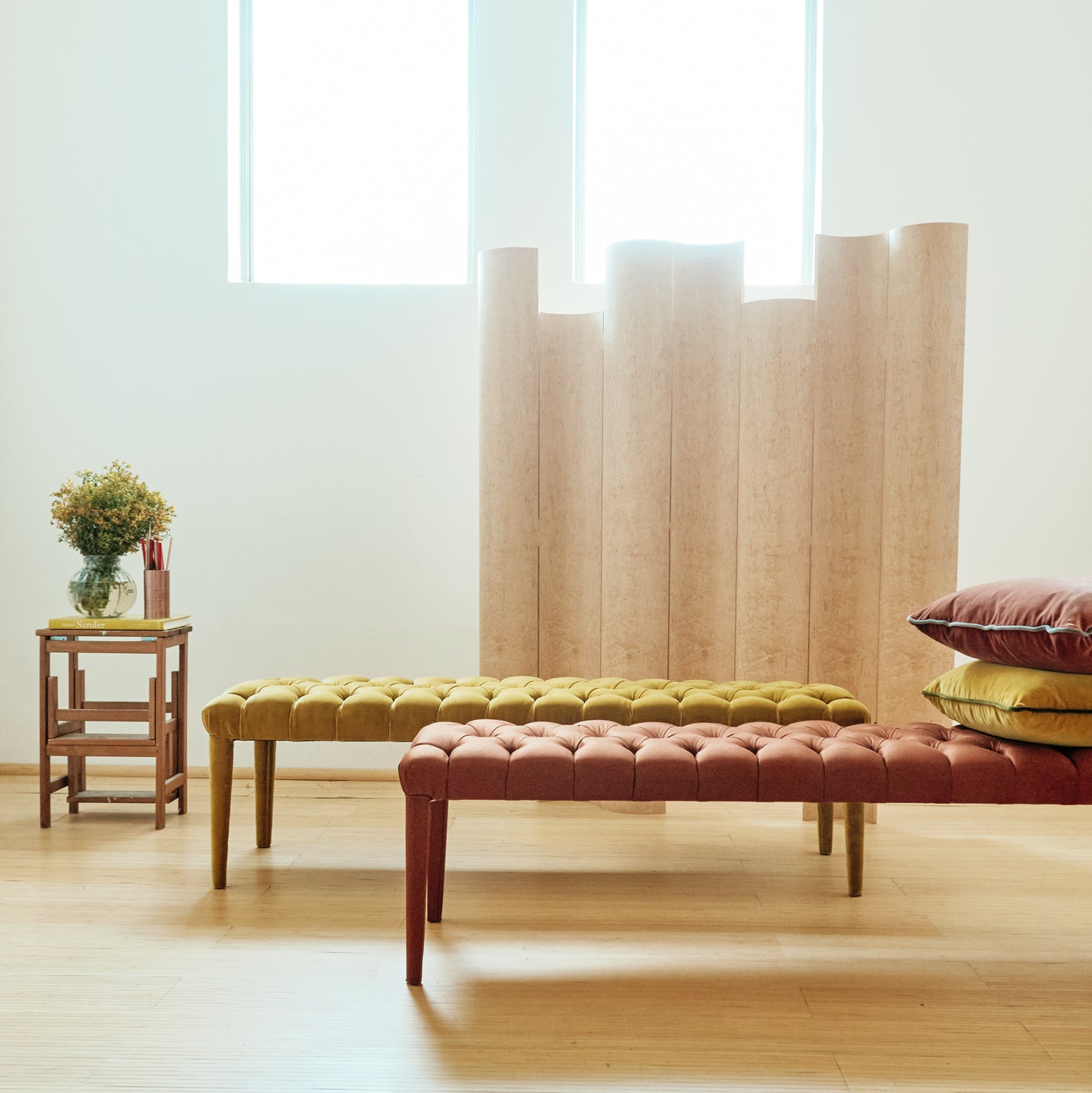 bedroom decor ottoman benche in yellow and rust colours