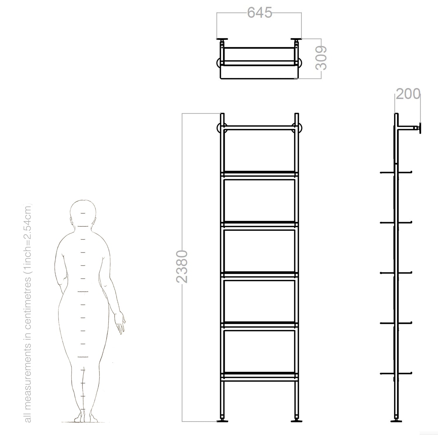 golden bookshelf design and dimension drawing