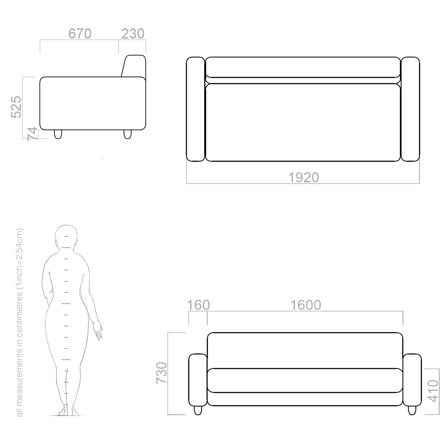 dimensions and drawing of 2 seater sofa