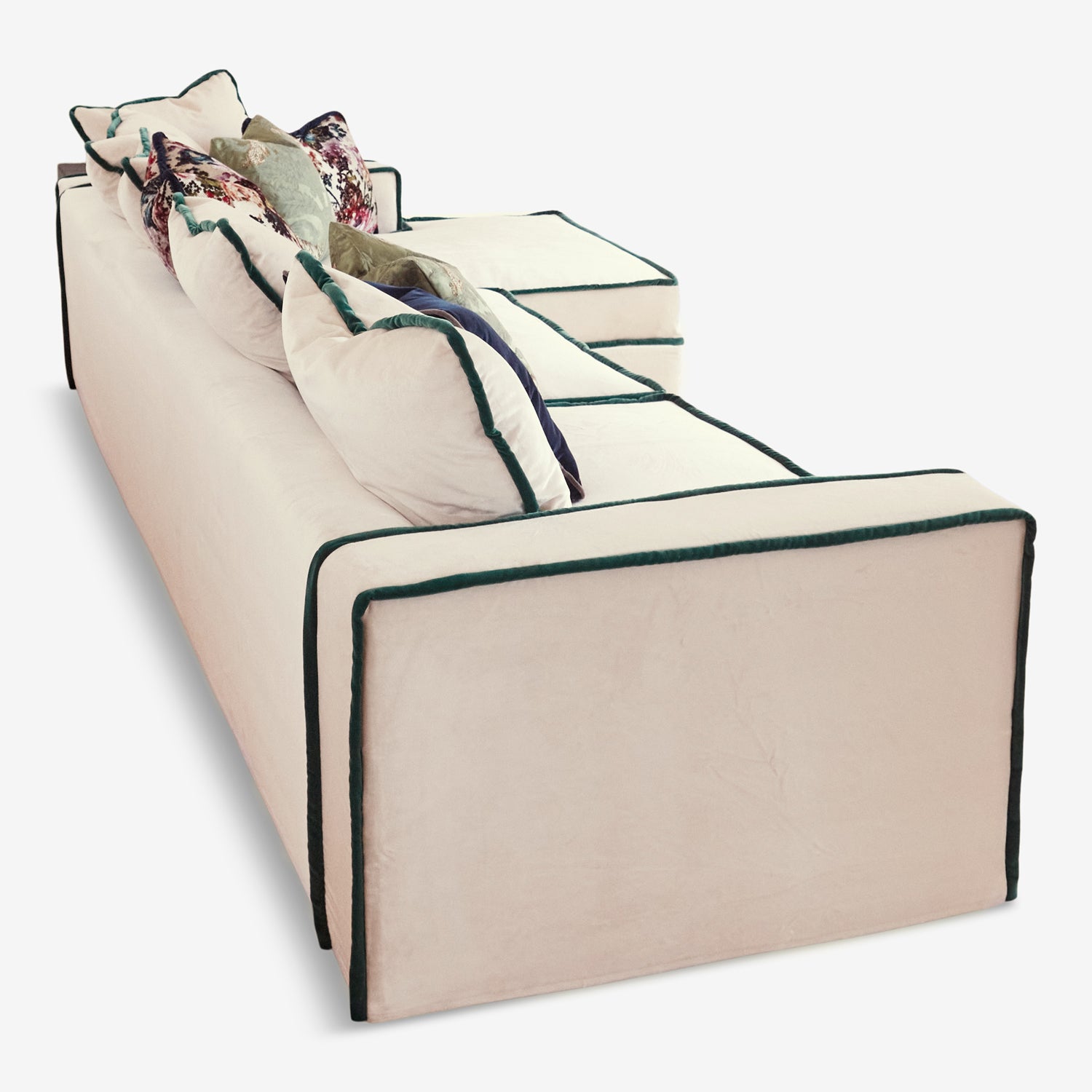 Long Weekends and Evenings Made Cozier. rafaella white chaise sofa backrest view.
