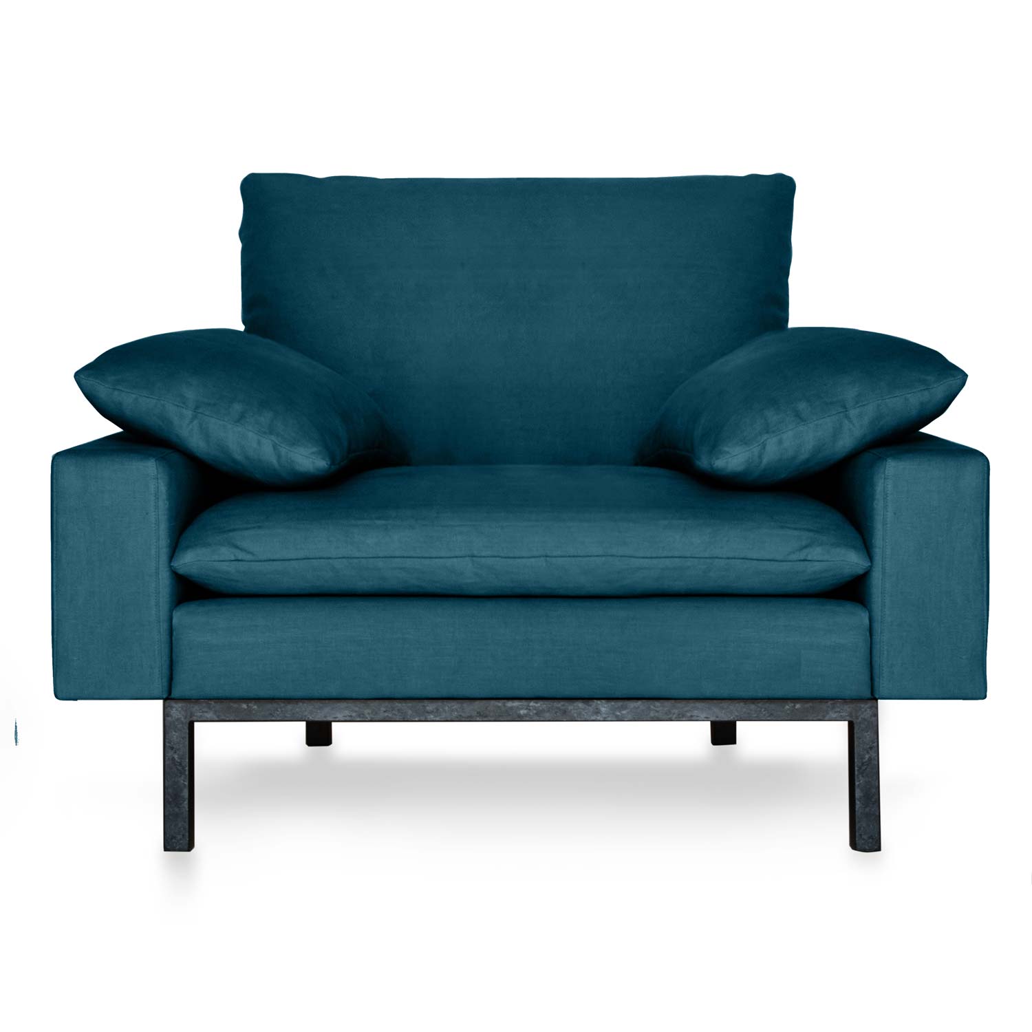 Streamlined Square Line Structure Armchair. Dark green upholstery.
