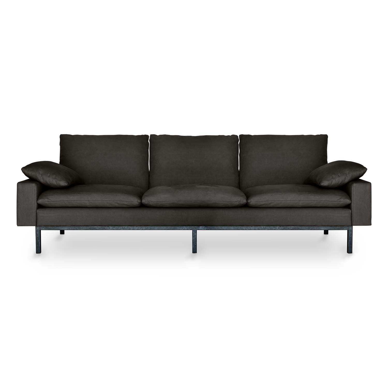 Three Inviting Plush Seat Cushions. dark grey linen sofa