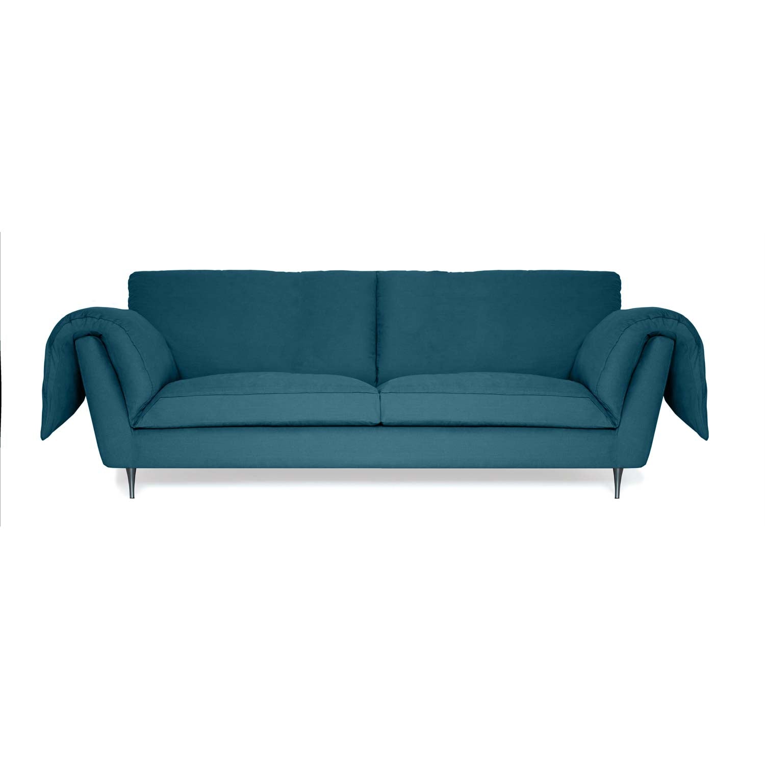 Contemporary design with angled lines. green linen sofa