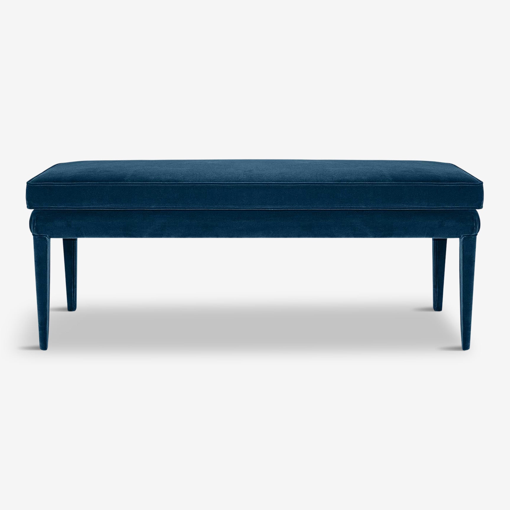 organic ottoman bench, blue natural velvet textile, libellula ottom bench by biosofa