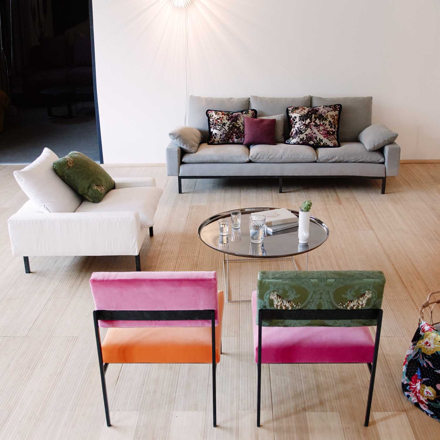 eco friendly  lounge chairs velvet and silk in a living room