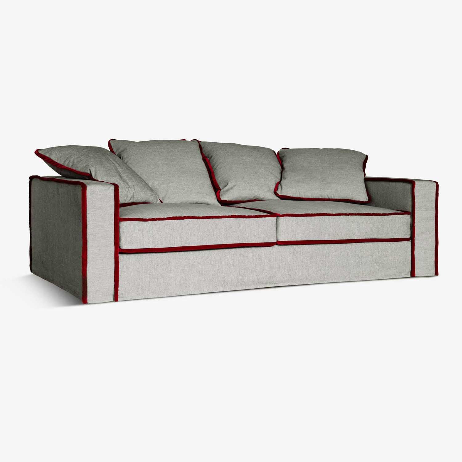 Plush Cushions for Added Elegance. linen fabric with contrasting red velvet trim.