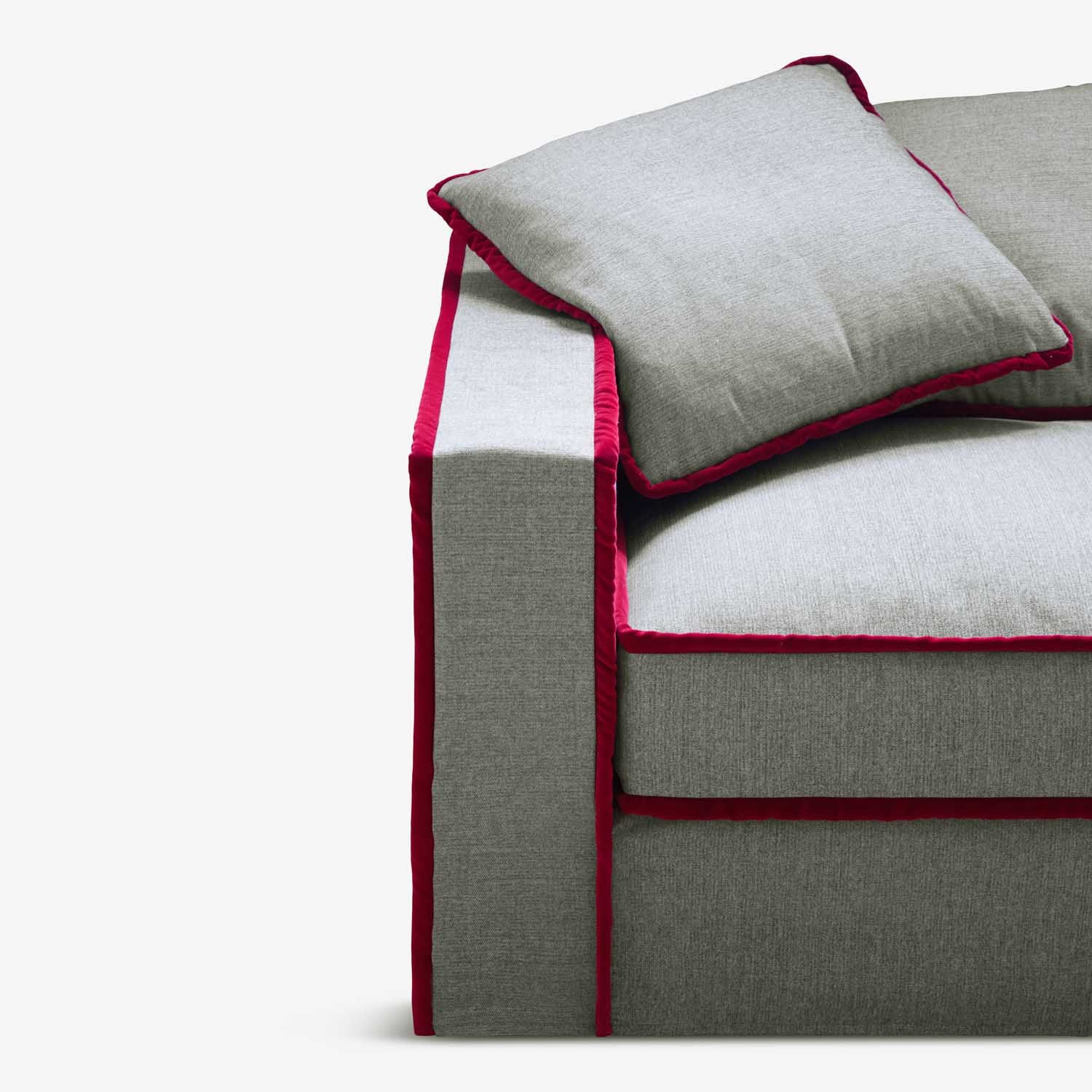 red contrast trim sustainable sofa detail.