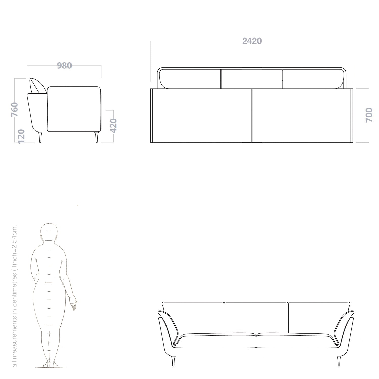 casquet 3 seater sofa dimensions and drawing
