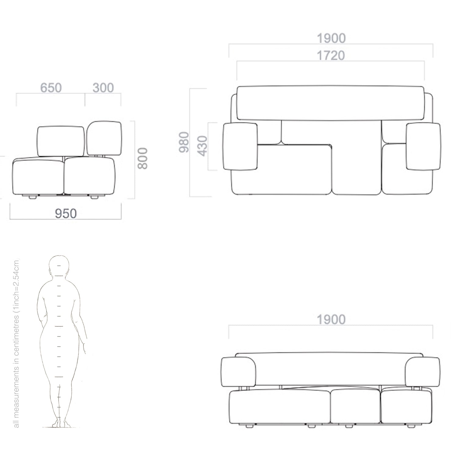 Transformable into linear sofa, L-shaped corner unit, or daybed.