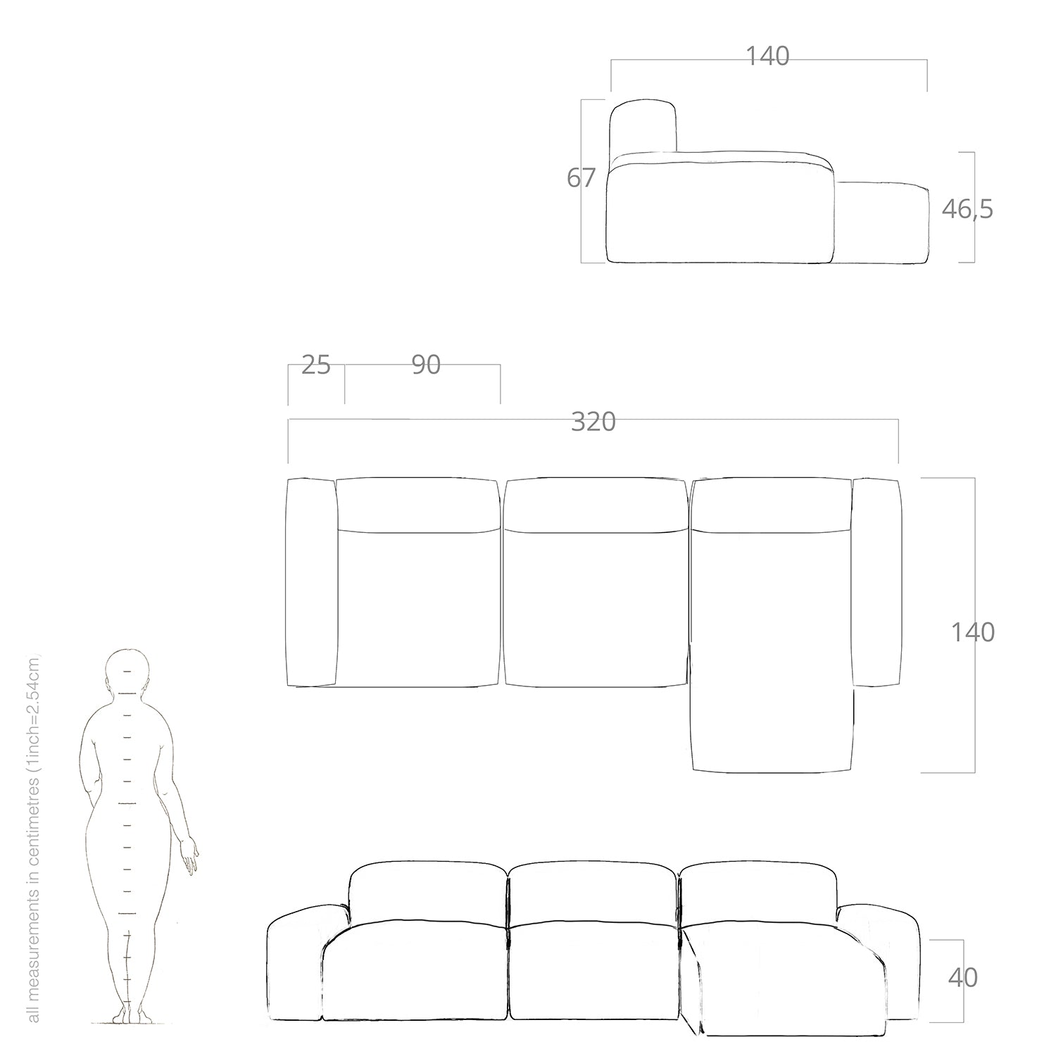 3 seater with chaise drawing and measurements