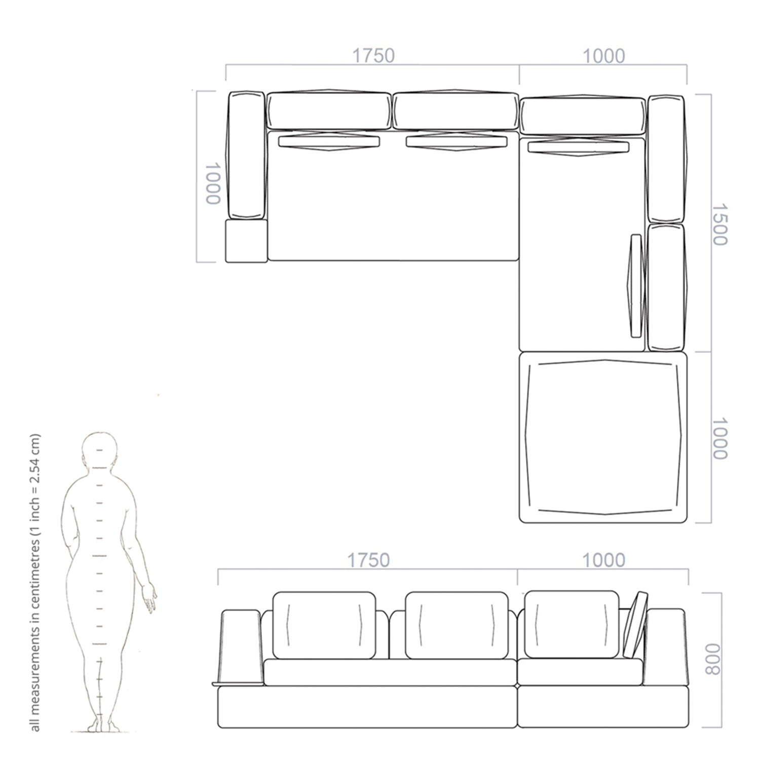 modular pierre sofa drawing and dimensions