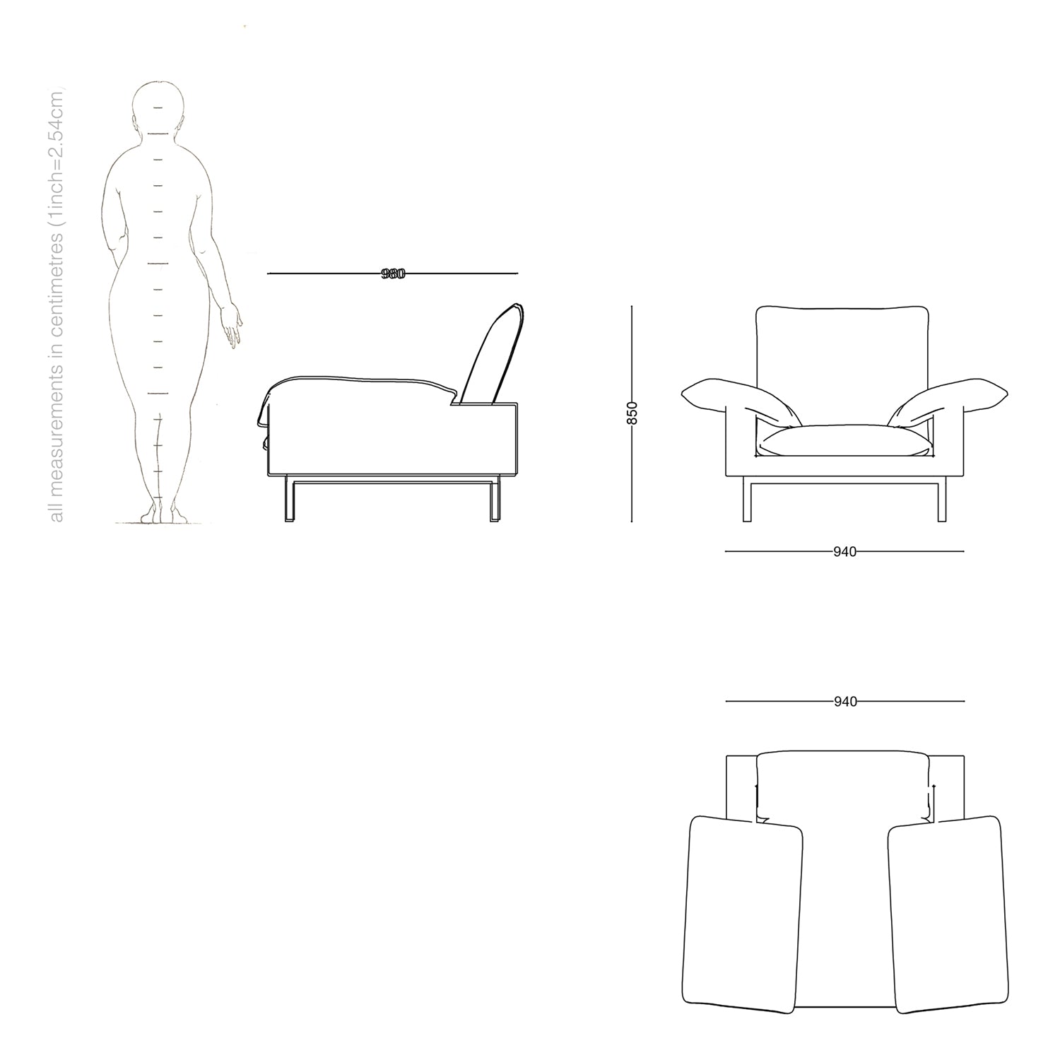 armchair drawing and dimensions.