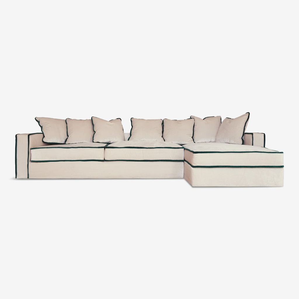 Rafaella chaise sofa - Light Vanilla & Emerald Velvet