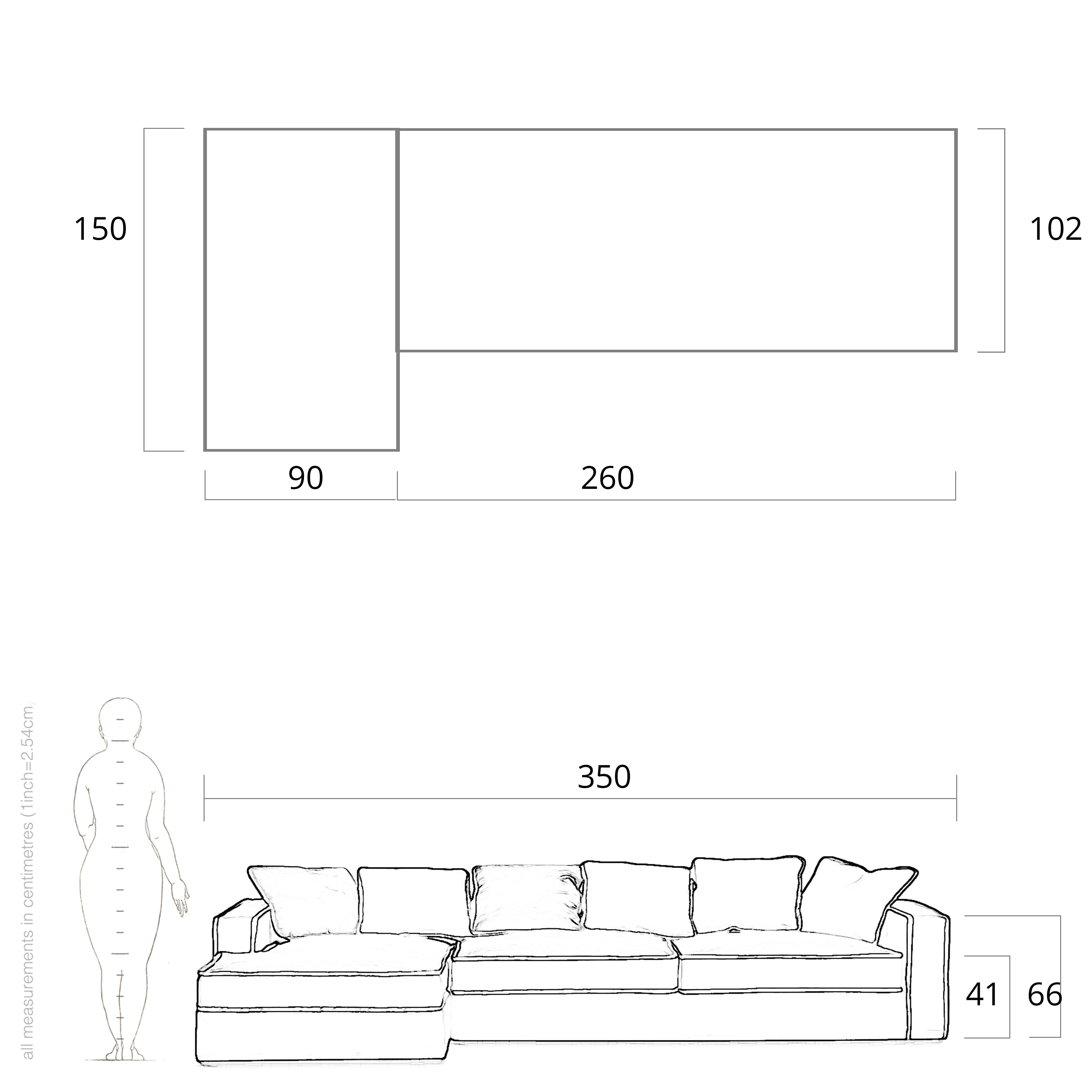 drawing and dimensions on chaise sofa