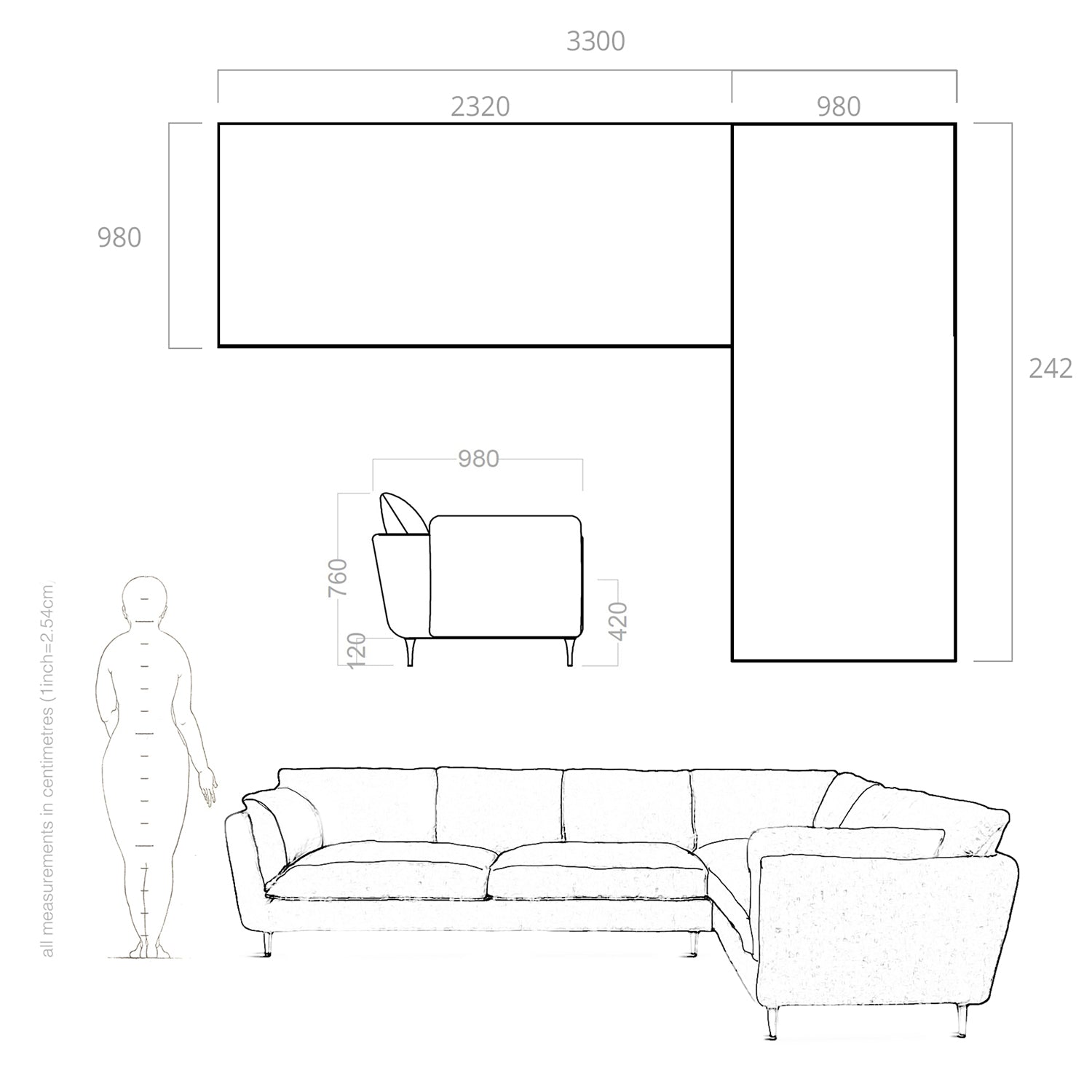 l shaped casquet maxi angular sofa, dimensions and drawing