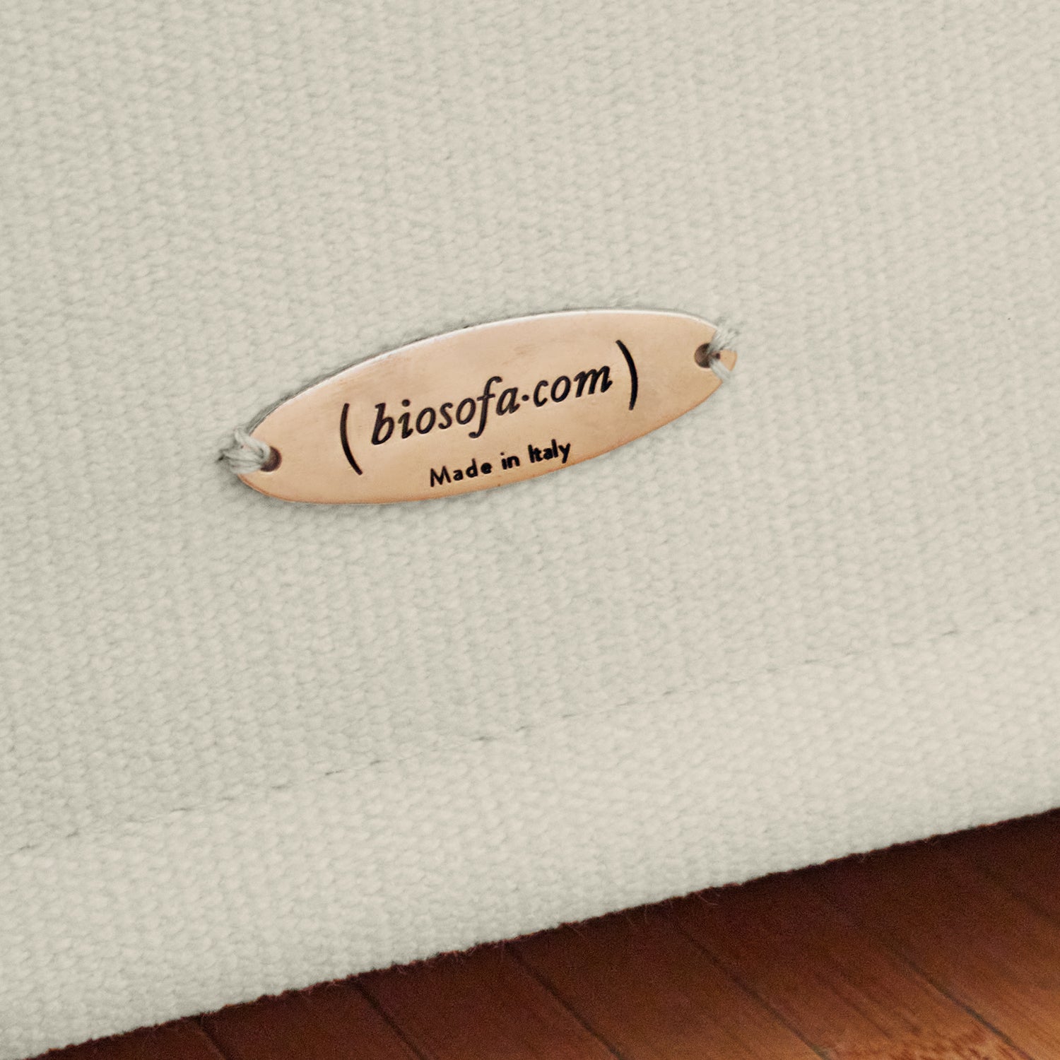 biosofa logo on luxurious sustainable sofa.