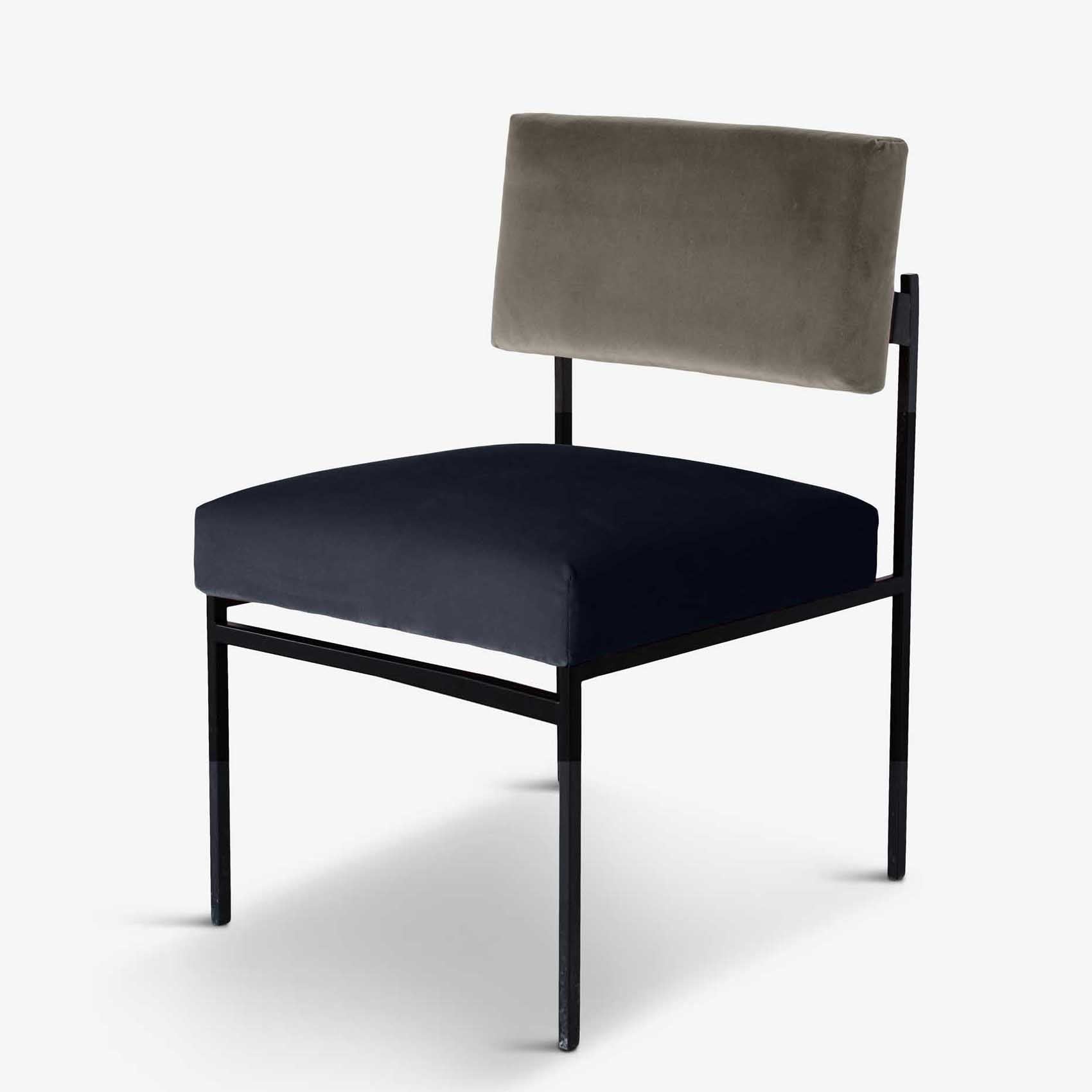 Aurea Dining Chair - Streamlined Silhouette in Midnight Blue and grey velvet