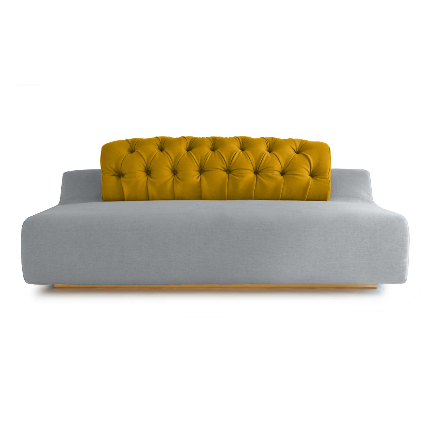 baco eco friendly two seater sofa in greay cotton fabric with mustard yellow velvet backrest