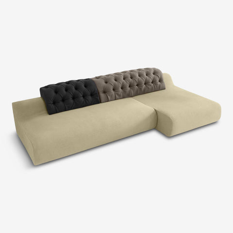 baco organic sofa with chaise longue in beige natural cotton textile with black and grey cotton backrest