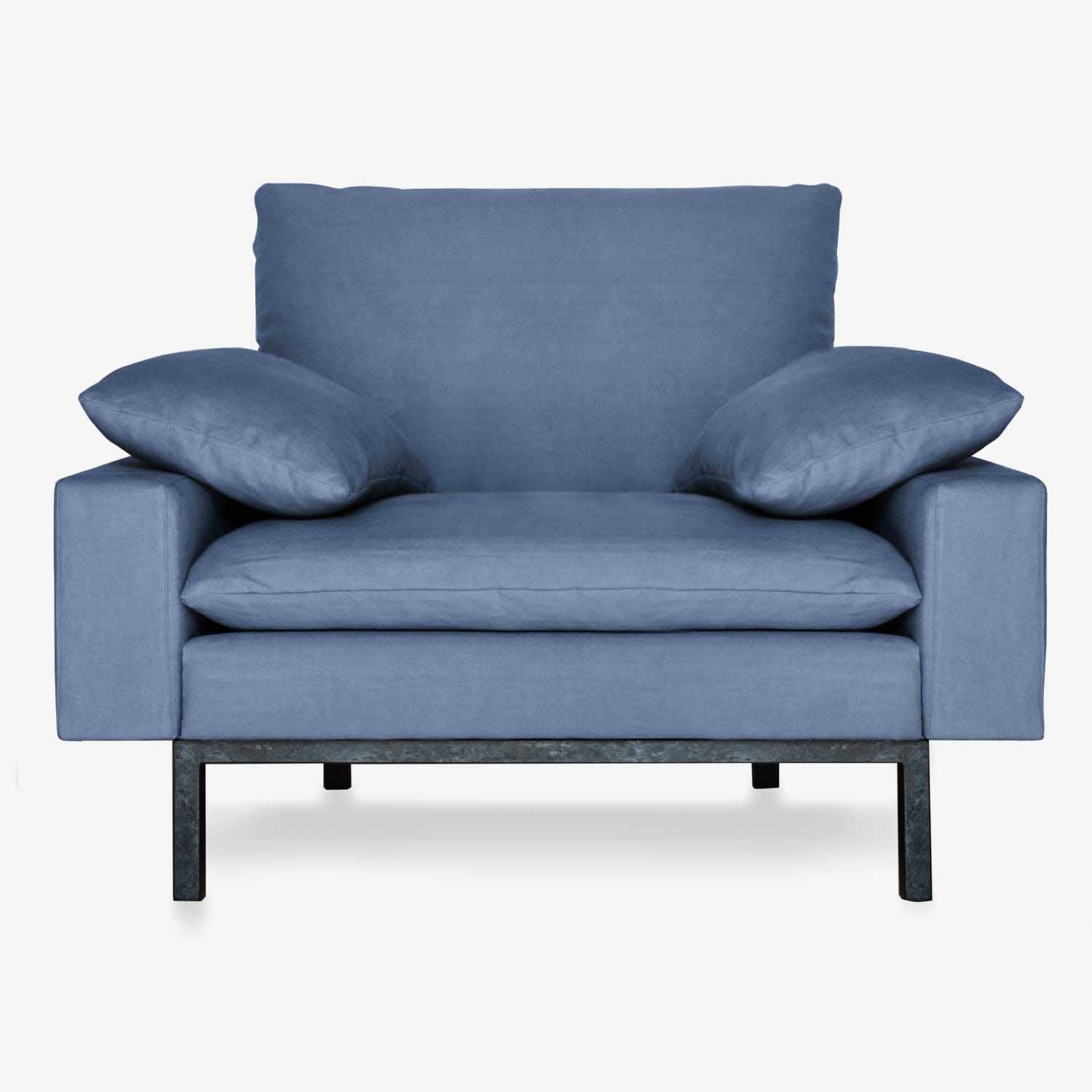 eco sustainable armchair, blue natural cotton textile, bad armchair by vanessa tambelli