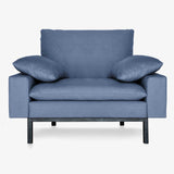 eco sustainable armchair, blue natural cotton textile, bad armchair by vanessa tambelli