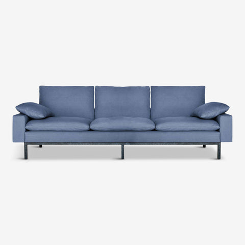 organic sofa, blue natural cotton textile, bad three seater sofa by vanessa tambelli