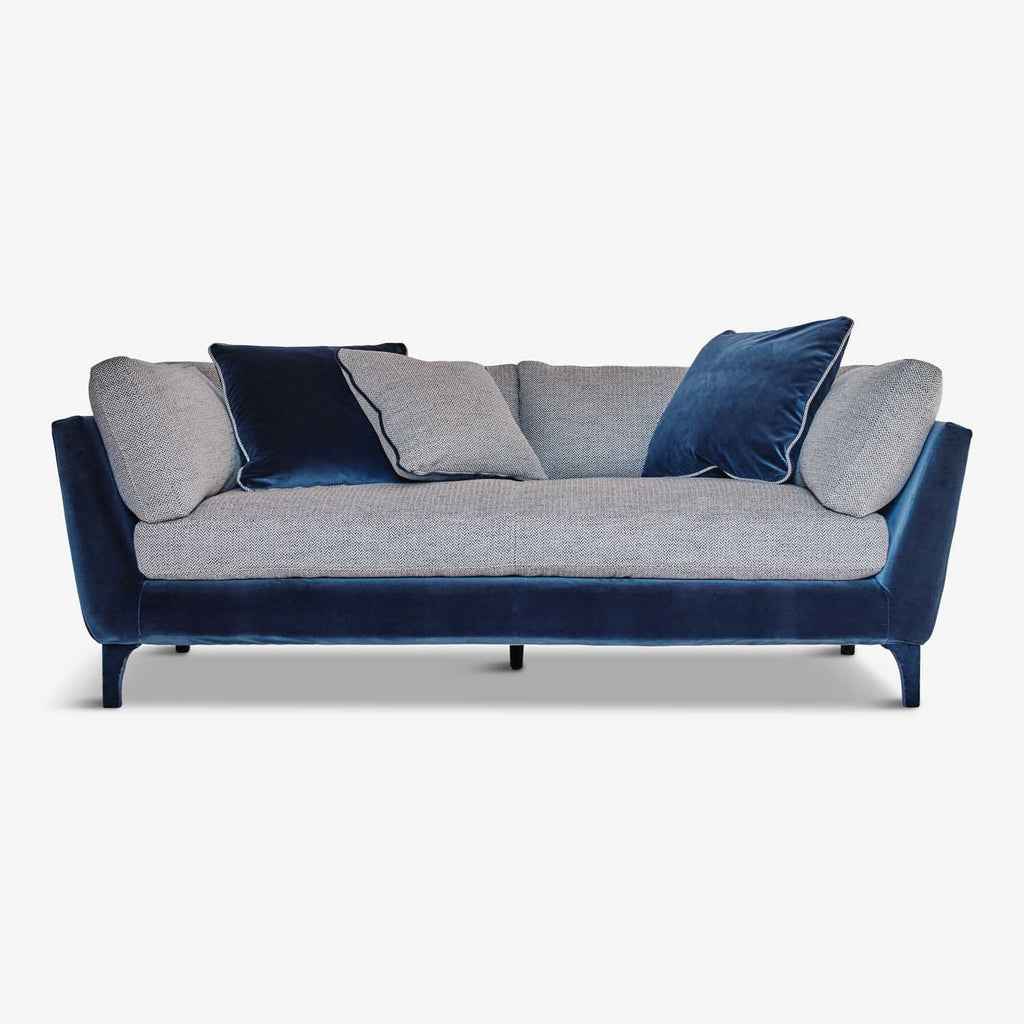 organic sofa, blue and herringbone natural cotton textile, eva three seater sofa by biosofa