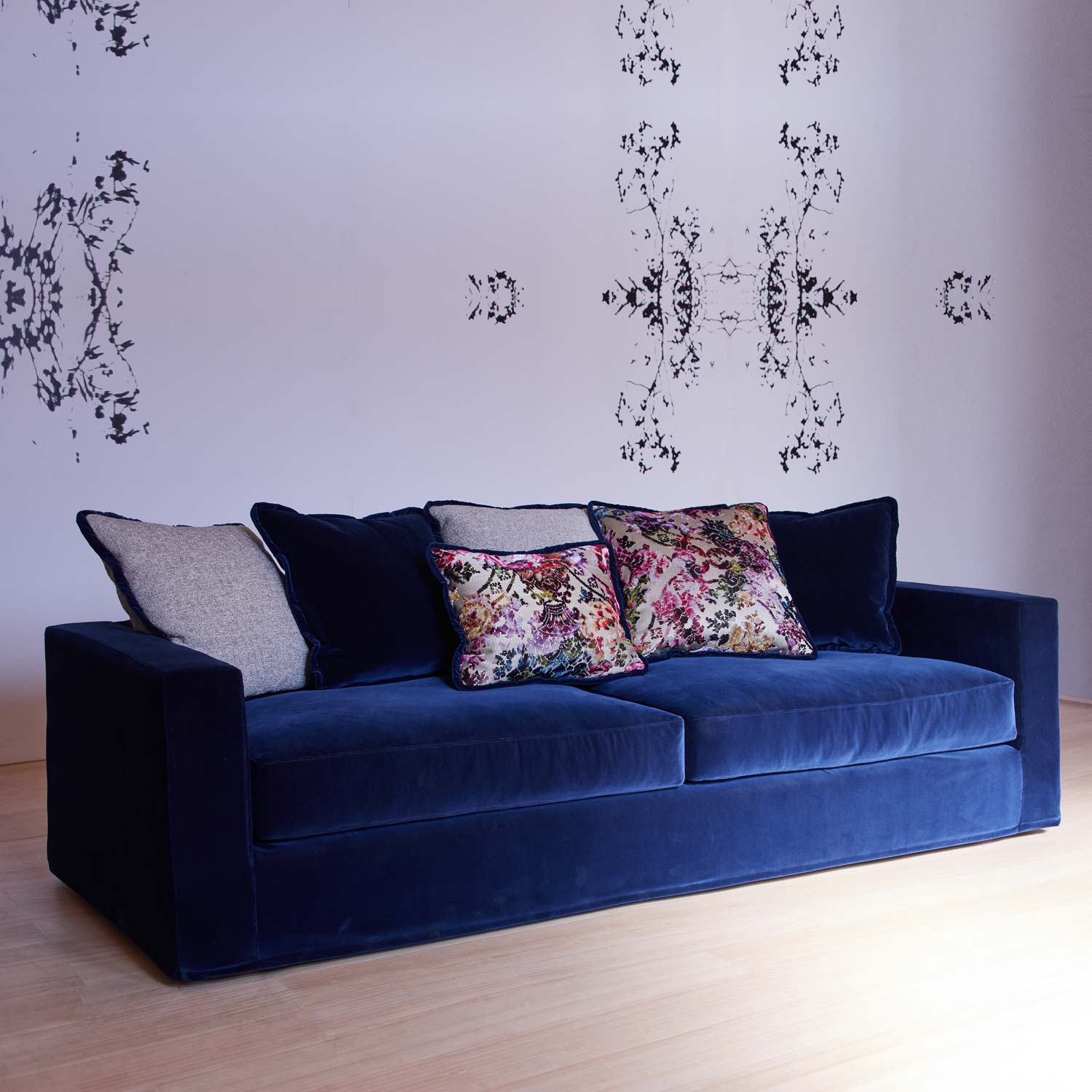 Plush Cushions , navy velvet 3 seater sofa