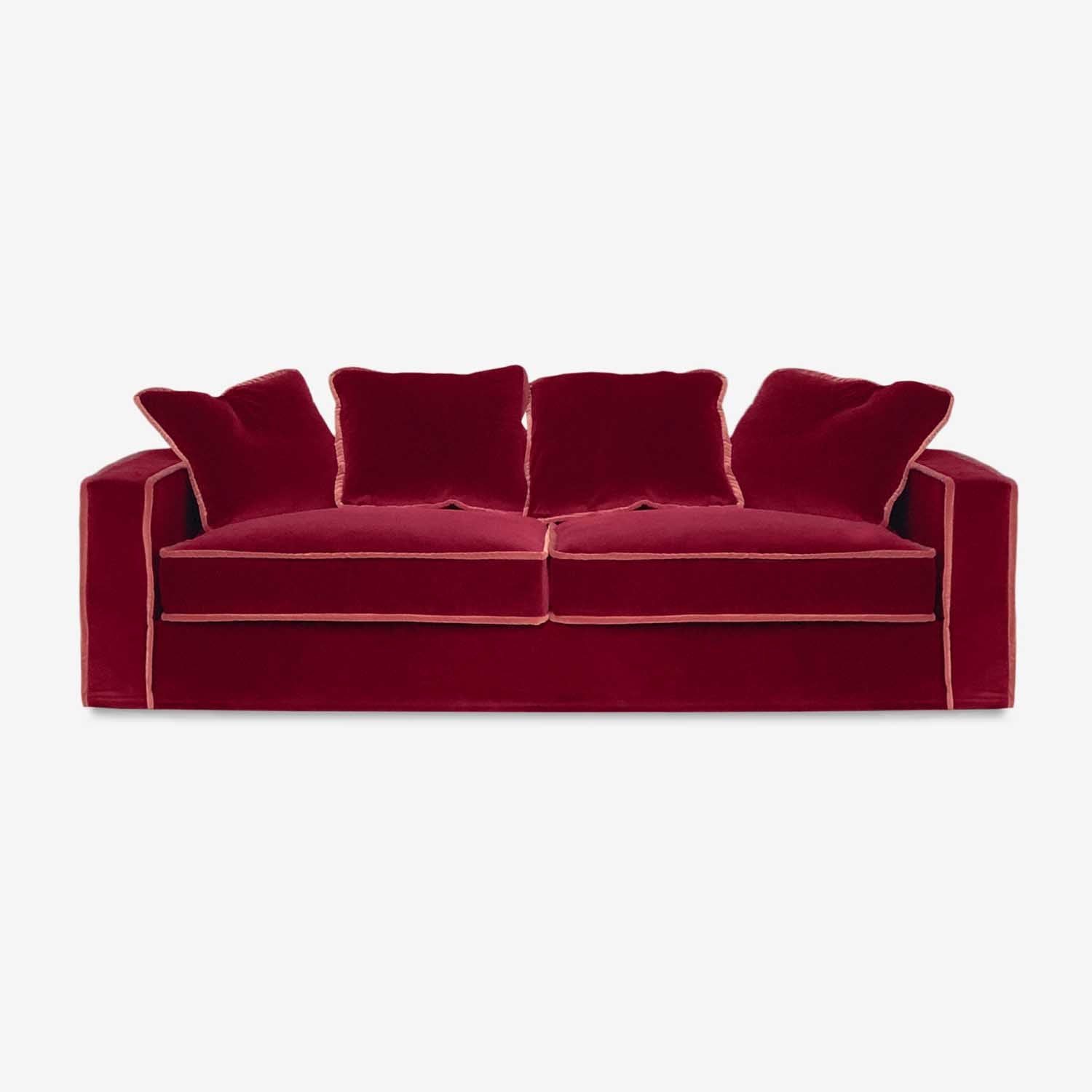 Modern Twist on Revival Style deep red velvet sofa