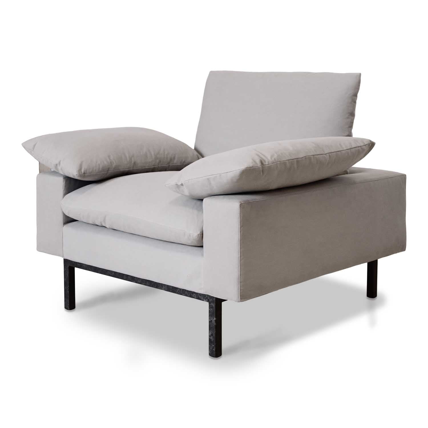 Goose Down, Latex, and Cotton Padding. Grey cotton sustainable armchair.