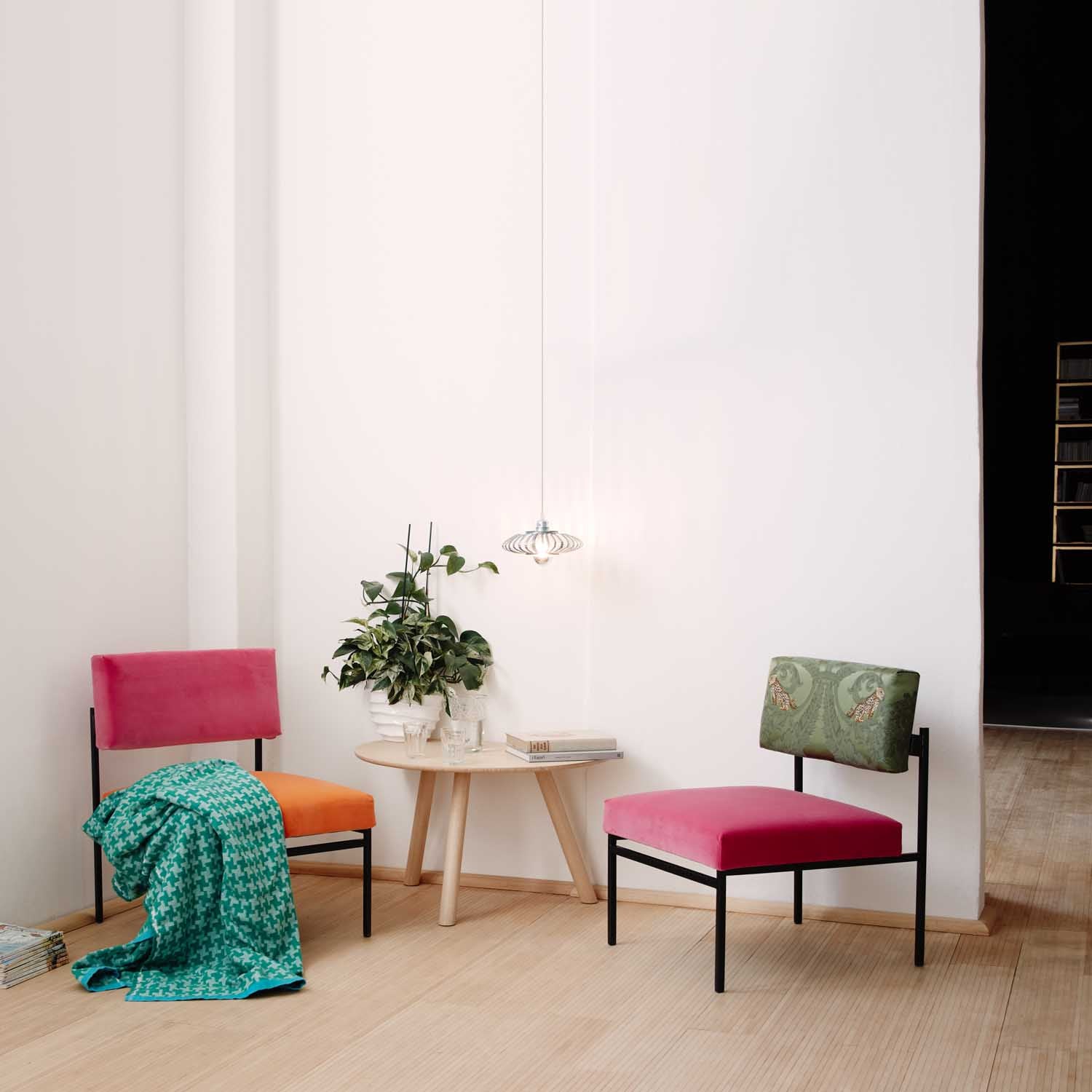 organic lounge chairs in colourful velvetModern Living - Aurea Low Lounge Chair