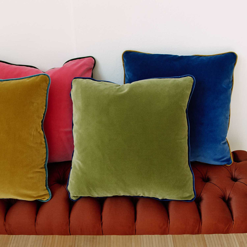 Velvet cushion - Olive green & Lapis blue